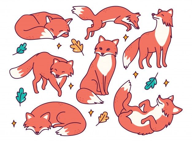 a set of foxes with leaves on their backs and tails, all in different positions