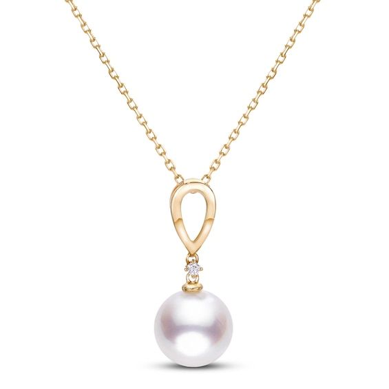 This exquisite women's pendant necklace features a lustrous Akoya saltwater cultured pearl topped by a shimmering round diamond accent. Crafted in 14K yellow gold, the 18-inch cable chain secures in place with a spring ring clasp. Diamond Teardrop Pendant Necklace With Pearl, Elegant 14k Gold Diamond Necklace With Teardrop Pendant, Formal 14k Gold Necklace With Pearl Pendant, Elegant Gold Briolette Pearl Necklace, Elegant Gold Teardrop Diamond Necklace, Classic Gold Diamond Necklace With Pearl Pendant, Classic Gold Diamond Pearl Necklace, Elegant Akoya Pearl Jewelry In Yellow Gold, Elegant Yellow Gold Akoya Pearl Jewelry