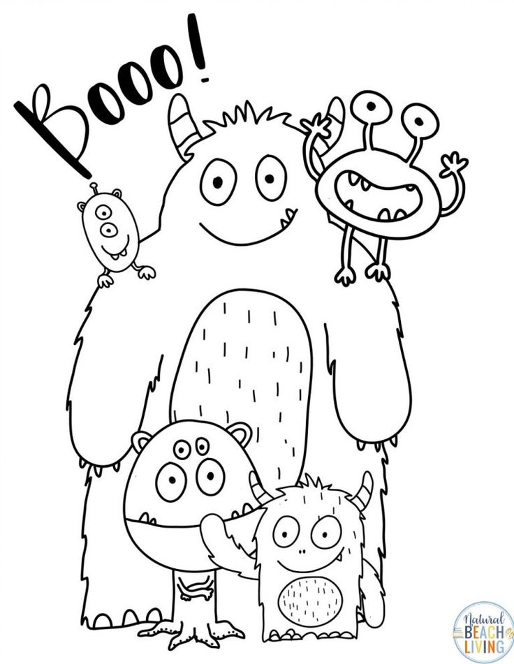 an adult monster and two small monsters with the word boo on it