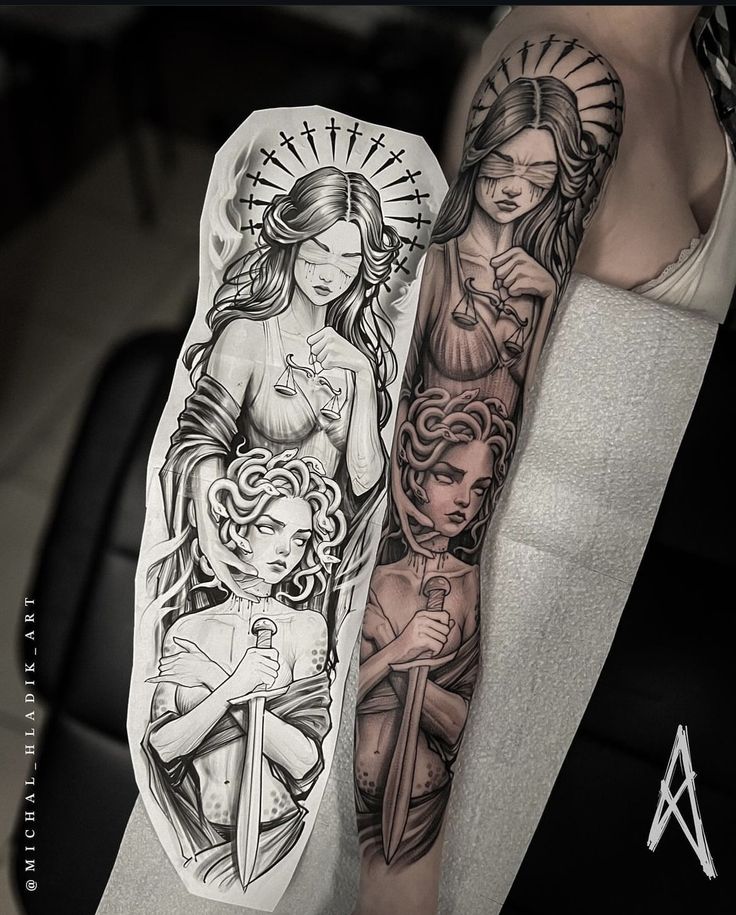 Medusa’s Tattoo, Medusa And Skull Tattoo, Woman And Dragon Tattoo, Greek God And Goddess Tattoo, Women Greek Mythology Tattoo, Sleeve Tattoo Inspo For Women, Greek Goddess Sleeve Tattoo, Ethereal Woman Tattoo, Greek God Tattoo For Women