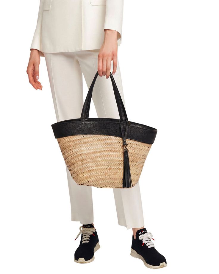 Kiton Ara Straw Bag in Black Magnetic strap closure Dual top handles Interior zip pocket Tassel with gold-tone monogram Straw outer Leather trim Cotton lining Made in Italy Elegant Straw Bag With Gold-tone Hardware For Daily Use, Elegant Straw Bag With Gold-tone Hardware For Everyday Use, Elegant Everyday Straw Bag With Gold-tone Hardware, Elegant Leather Straw Bag With Removable Pouch, Elegant Straw Tote Bag With Detachable Strap, Elegant Straw Bag With Gold-tone Hardware For Travel, Chic Straw Bag With Gold-tone Hardware And Top Handle, Chic Straw Bag With Gold-tone Hardware, Chic Top Handle Straw Bag With Gold-tone Hardware