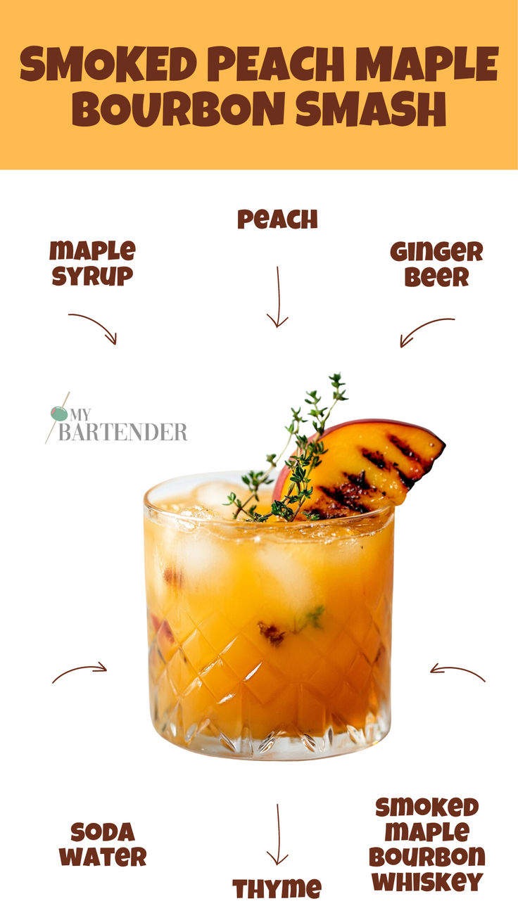 Smoked Peach Maple Bourbon Smash Maple Cocktail, Peach Bourbon, Ginger Beer Cocktail, Bourbon Sour, Smoked Cocktails, Bourbon Smash, Peach Cocktail, Maple Bourbon, Peach Sangria