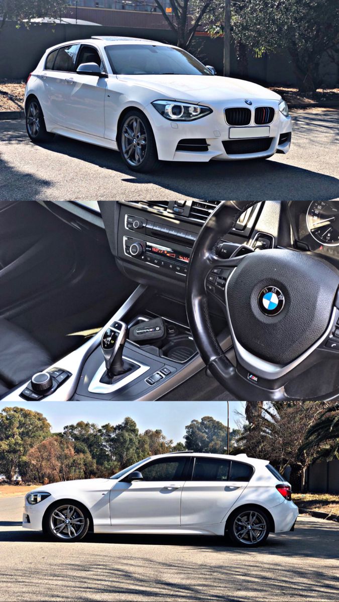 the interior and dashboard of a white bmw car, with two different views of it