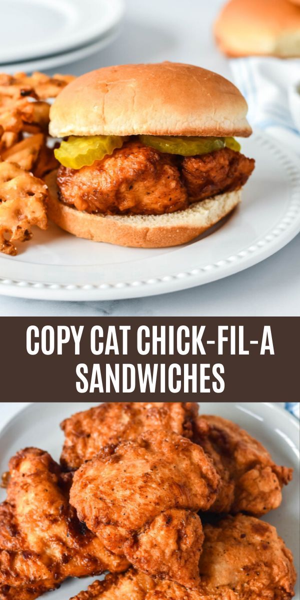 chicken sandwiches and waffles on plates with text overlay that reads copy cat chick - fil - a sandwiches