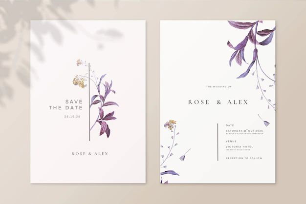 two wedding cards with purple flowers and greenery on the front, one in white