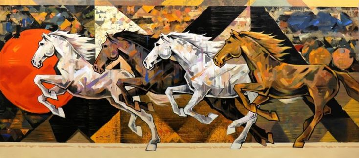 three horses are running in front of a large orange and black painting on the wall