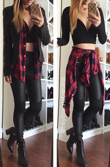 Black Leather Leggings, A Black Deep V-Neck Crop Top, Red Plaid Shirt And Black Heels. Mode Rockabilly, Outfits Leggins, Anna Banana, Black Long Sleeve Crop Top, Fest Outfits, Red Plaid Shirt, Top Outfit, Crop Top Outfits, Casual Winter Outfits