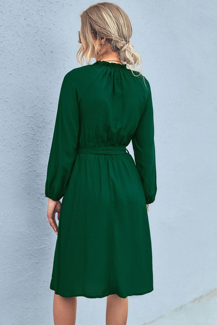 Belted Frill Neck Long Sleeve Dress Fall A-line Mini Dress In Solid Color, Fall A-line Mini Dress Solid Color, Fall Solid Color A-line Mini Dress, Belted Long Sleeve Knee-length Dress For Spring, Spring Knee-length Belted Long Sleeve Dress, Knee-length Shift Dress In Solid Color, Fall A-line Belted Maxi Dress, Solid Color Shift Knee-length Dress, Solid Color Fitted Belted Dress