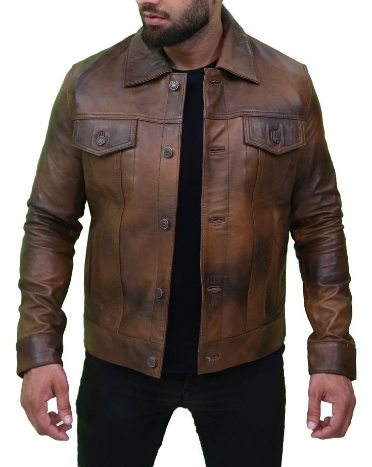 [additional] Men's Vintage Classic Leather Trucker Jacket | Karahub.com USA If you love cowboys or 70’ fashion styles, chances are you would love this vintage leather trucker jacket for men. Its burnt brown shade would surely make you feel like you live in 1970’s Texas, racing off your horse or running away from the sherrif. Or even making a beauty gush over your masochism! Fast forward to 2022 and this classic vintage style still works. Giving you the oomph and swag you need this winters. This Rugged Distressed Brown Leather Biker Jacket, Distressed Brown Leather Biker Jacket With Pockets, Rugged Brown Leather Jacket, Rugged Distressed Brown Leather Jacket With Pockets, Brown Leather Biker Jacket With Pockets, Rugged Distressed Brown Outerwear, Distressed Rugged Brown Outerwear, Vintage Brown Rugged Leather Jacket For Fall, Distressed Brown Leather Jacket With Pockets