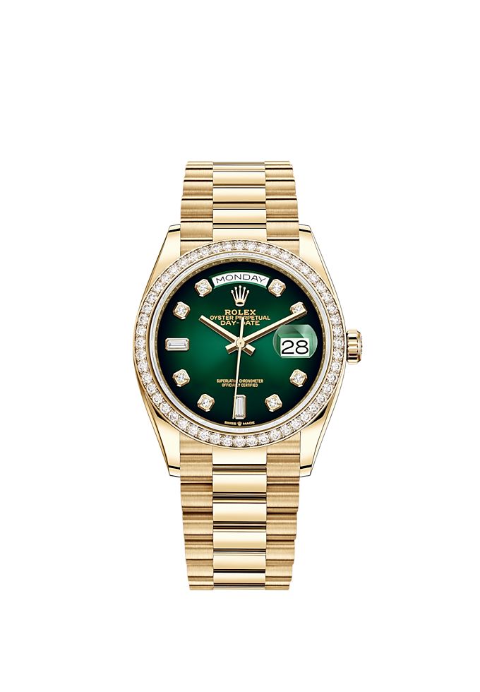 Gold Rolex, Womens Watches Luxury, Green Ombre, Green Diamond, Rolex Day Date, Gold Hands, Diamond Set, Gold Case, Bezel Diamond