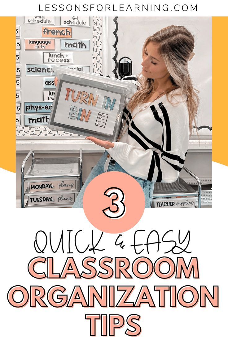 a woman holding an ipad with the text 3 quick and easy classroom organization tips on it