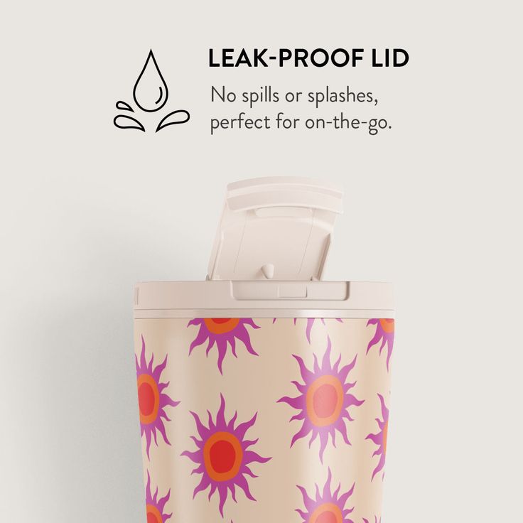 a pink and orange flower pattern on a white background with the words leak proof lid no spills or splashes, perfect for on - the go