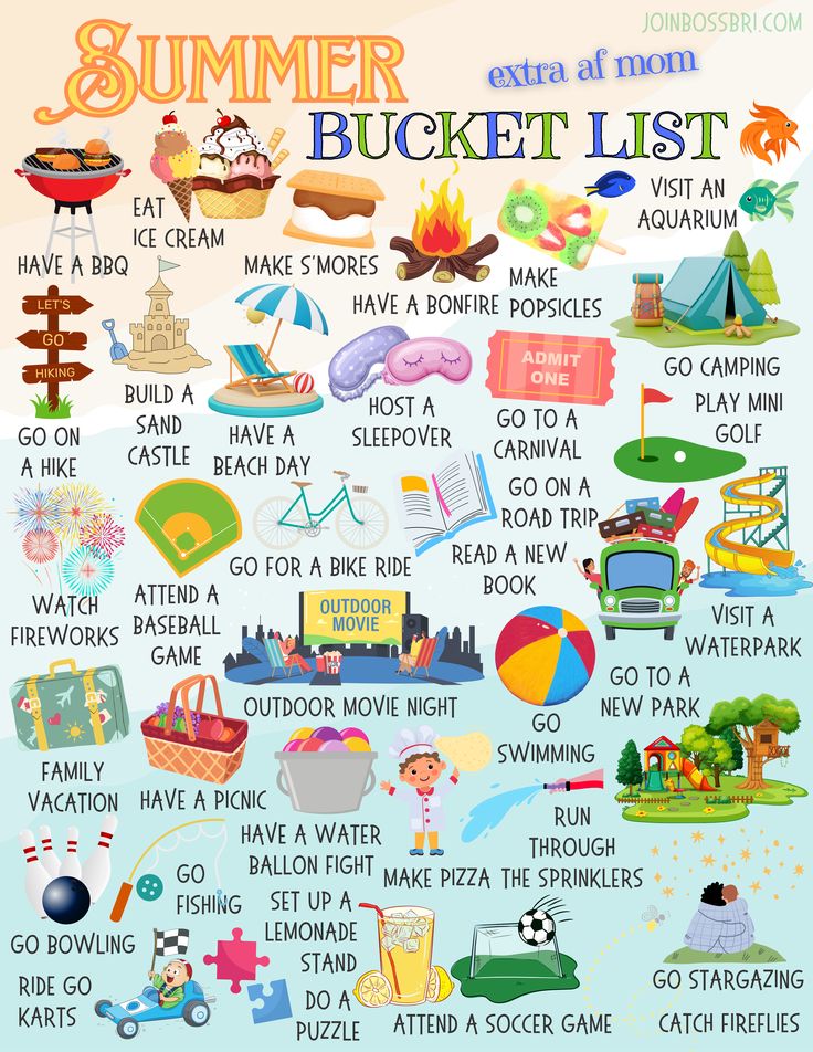 the summer bucket list is shown in this graphic style, with lots of different things to do