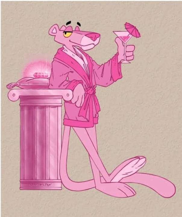 a pink cartoon character holding a glass in one hand and standing next to a trash can