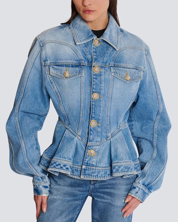 Balmain Ruffled Denim Jacket in Bleu Collar Long sleeves; button cuffs Button down front closure Chest flap pockets; button fastening Gold and silver tone statement buttons Peplum silhouette Slim through waist Denim fabrication 100% cotton Made in Italy Ruffled Denim Jacket, Designer Denim Jacket, Peplum Jacket, Casual Wedding Dress, Denim Blazer, Peplum Hem, Denim Coat Jacket, Denim Design, Light Wash Denim