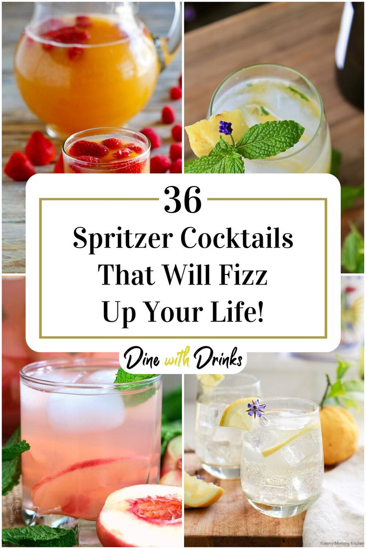 Collage of 4 spritzer cocktails. Spring Spritzer Cocktail, Light Summer Drinks Alcohol, Champagne Spritzer Cocktails, Spritzer Bar Ideas, Spring Cocktails For A Crowd, Easy Spritzer Drinks, Clear Alcoholic Drinks, Sprits Cocktail, Run Cocktail Recipes