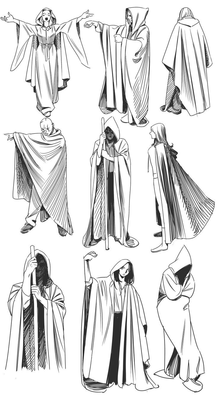 six different types of cloaks in various poses and sizes, all drawn by hand