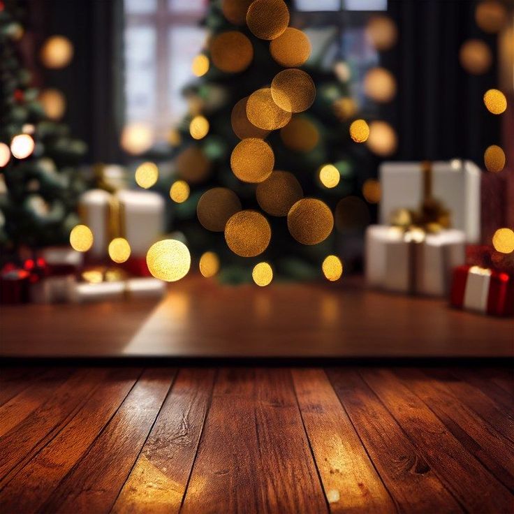 a christmas tree with lights in the background and presents on the floor next to it