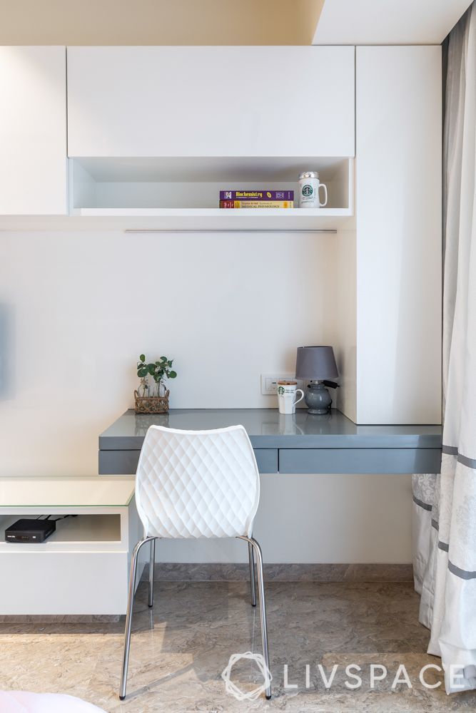 a white chair sitting in front of a desk