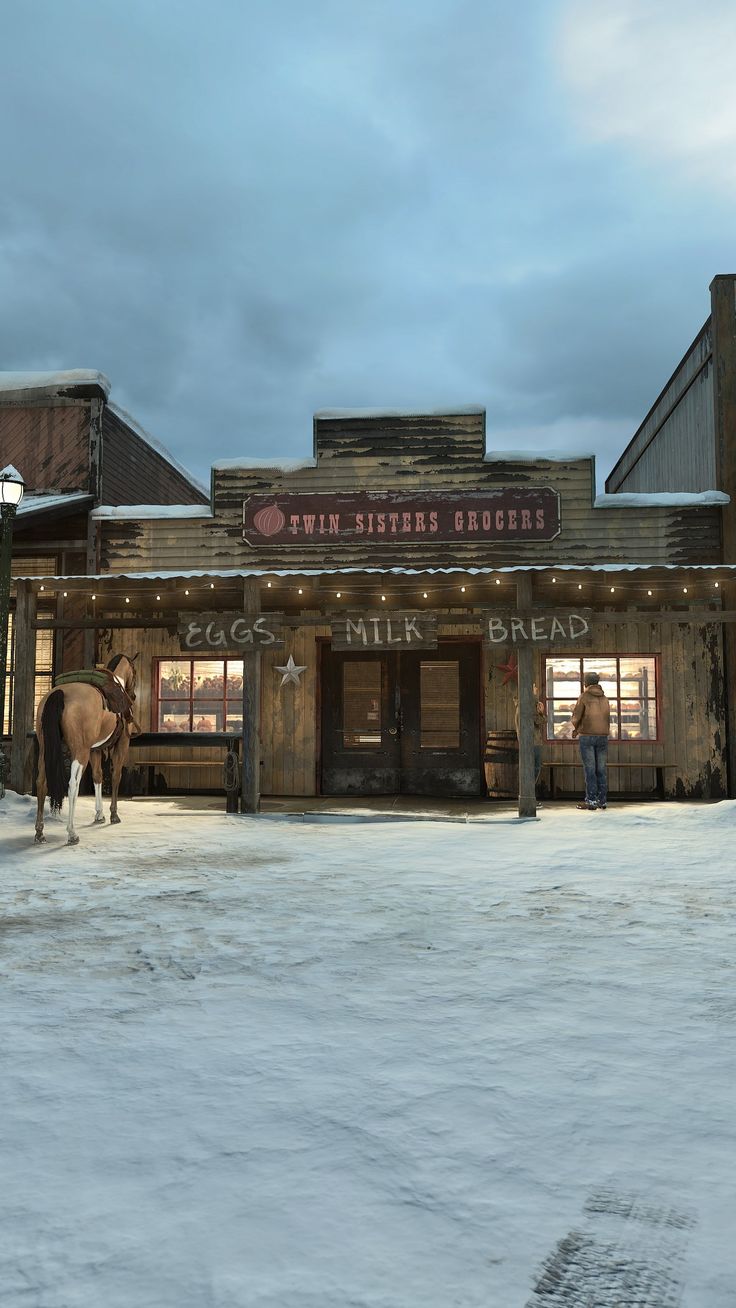 two horses are standing in front of a store