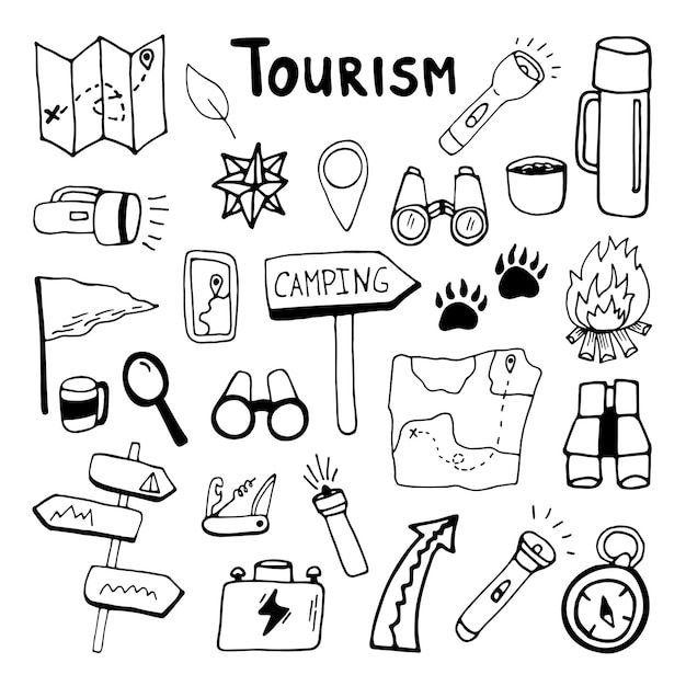 a black and white drawing of various items that are on the tourism map, including camping signs