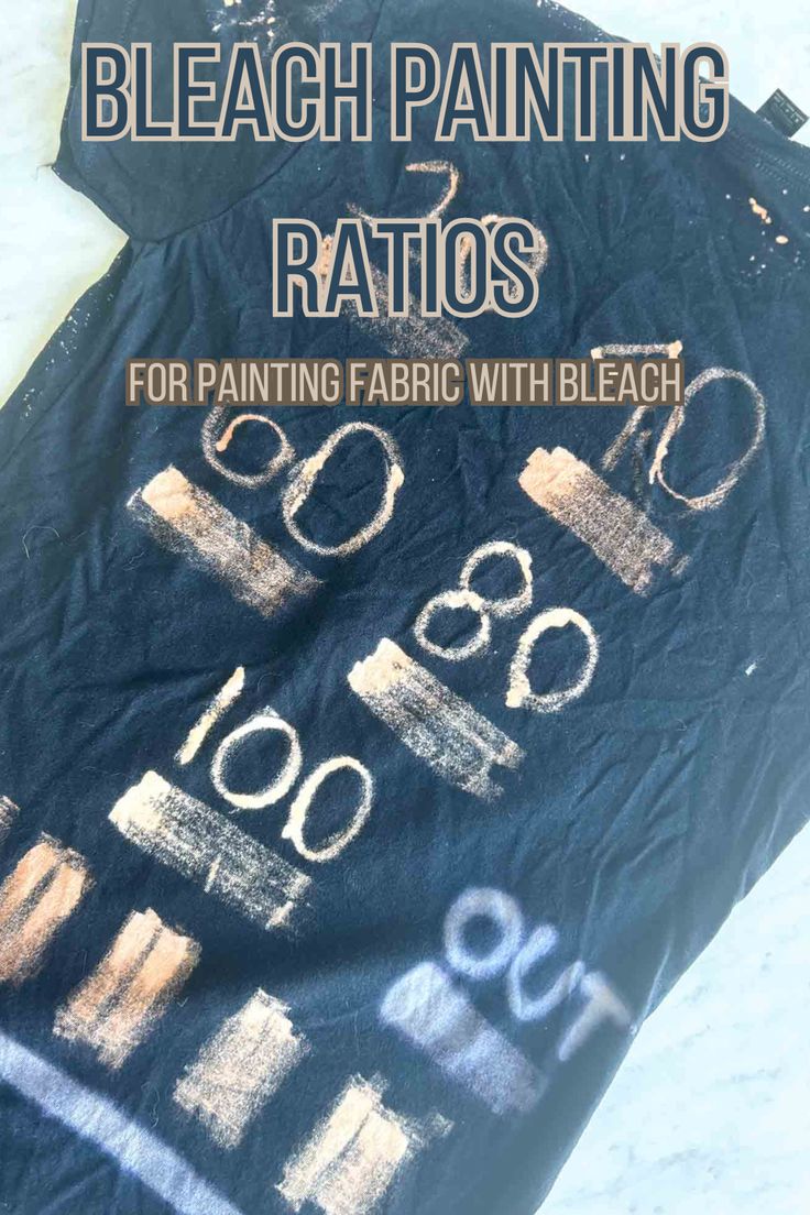 black shirt with bleached numbers written on it to show the different strengths of each ratio of bleach to water as well as a sample of what out white bright looks like on a black shirt. Bleaching T Shirts Diy, Bleach Art Hoodie Diy, Bleaching Patterns On Fabric, Bleach Gel Shirt Diy, Bleaching Sweatshirt, Bleach Pen Jeans, Bleach Painting Tutorial, Bleach Shirt Patterns, Decorate Shirts Ideas