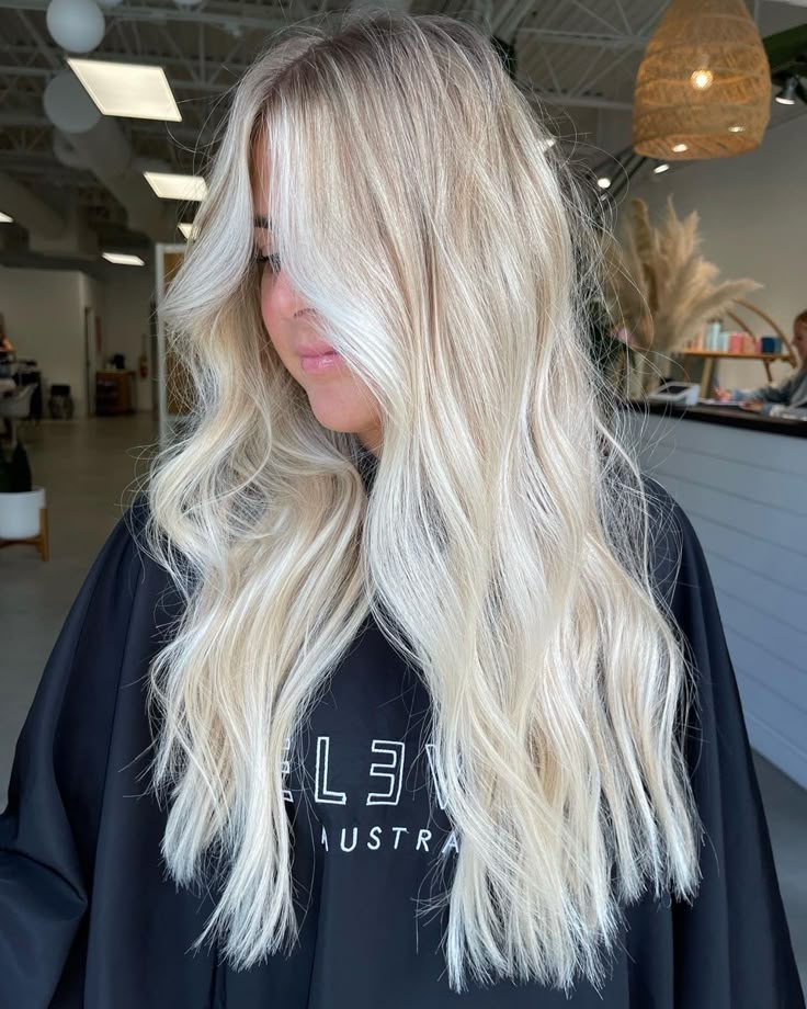 Creamy Cool Blonde Hair, Blonde Hair Inspiration With Money Piece, Really Blonde Hair Highlights, Bright Creamy Blonde Highlights, Full Icy Blonde Highlights, Bright Blonde Extensions, Very Bright Blonde Hair, Bright Blonde Root Tap, Blonde Hair Color Ideas Bright