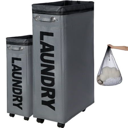 a woman holding a laundry bag next to two trash cans