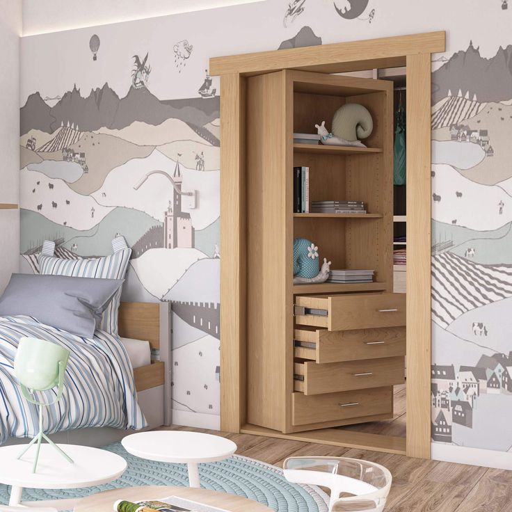 a bedroom with a bed, dresser and wallpapered walls in the background is a child's room