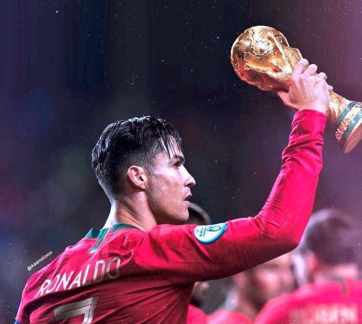 a man holding up a golden trophy in his right hand and wearing a red shirt