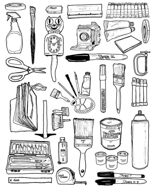 an assortment of kitchen utensils drawn in black and white