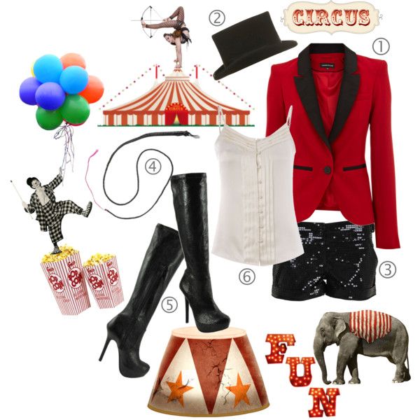 a circus themed outfit with black boots, red blazer, white tank top and clown hat