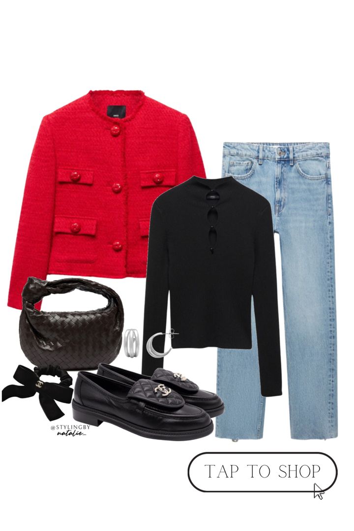 Red tweed pocket jacket, black ribbed sweater with buttons, straight leg denim jeans, black Bottega Veneta Jodie bag, Chanel loafers & silver hoop earrings.#LTKstyletip #LTKSeasonal #LTKmidsize #popofred #redoutfits #redjacket #redcardigan #tweed #ootd #chanelloafers #loafers #jeansoutfit #highstreetstyle #casual #chic #itgirl #ootdfashion Red Tweed Jacket Outfit, Boucle Jacket Outfit, Chanel Jacket Outfit, Red Tweed Jacket, Parisian Chic Outfits, Tweed Jacket Outfit, Sweater And Jeans Outfit, Jodie Bag, Fashion 23