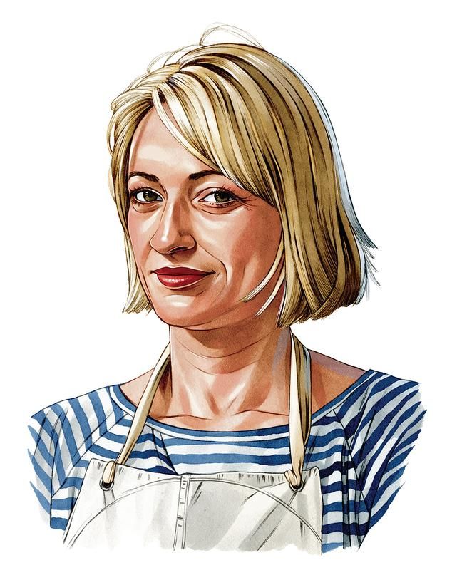 a drawing of a woman with blonde hair wearing an apron and smiling at the camera