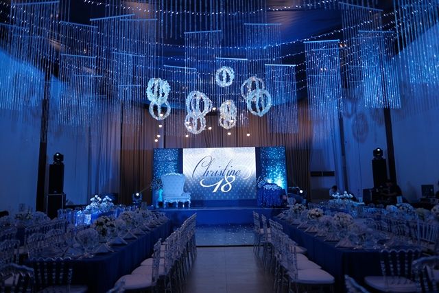 a banquet hall decorated with chandeliers and blue lighting for a special event or celebration