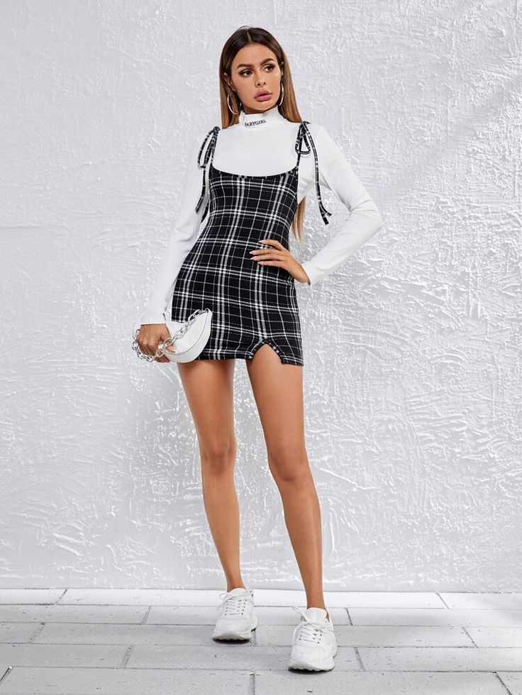 SHEIN Knot Shoulder Split Hem Plaid Overall Dress Plaid Overall Dress, Tight Mini Dress, Dress Knit, Plaid Tie, Teenage Fashion, Everyday Dresses, Overall Dress, Dress Outfit, Plaid Dress