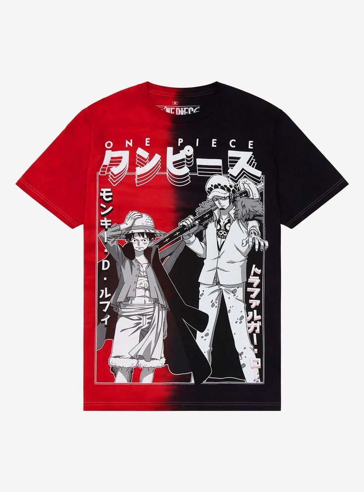 Are you gonna betray me?No.Looks like Tra-guy and Mugiwara-ya are teaming up once again  this time on this One Piece tee! It features a red & black split dye with Luffy and Law in a monochrome print  with their names in Japanese on the sides and the anime title in English and Japanese up top.Please note: Wash pattern may vary.Please note: Style runs large  size down for a tighter fit.100% cottonWash cold; dry lowImportedListed in junior sizes Luffy And Law, Names In Japanese, Anime Title, Split Dye, Monochrome Print, Monochrome Prints, Tall Hoodies, Plus Size Fits, One Piece Luffy