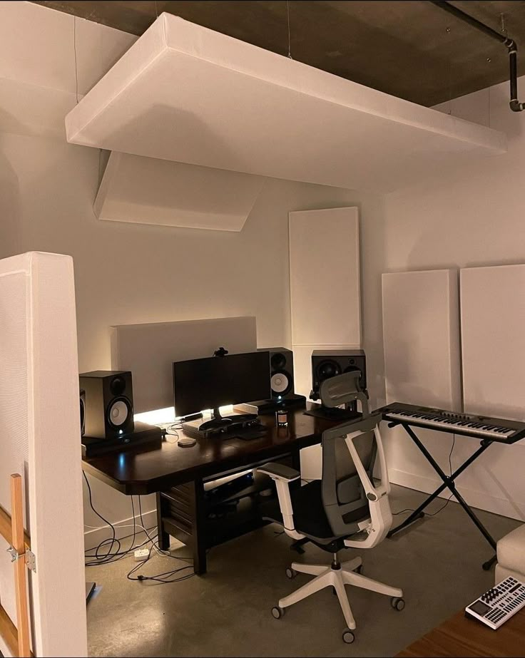 music studio Music Studio Room With Bed, Industrial Music Studio, Studio Room Ideas Music, Tiny Music Studio, Music Studio In Bedroom, Mini Studio Music, Minimal Music Studio, Bedroom Studio Music, Small Recording Studio Design