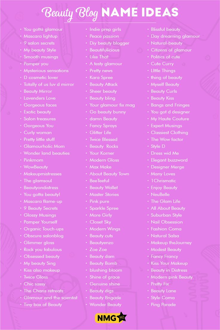 the beauty blog name ideas list is shown on a pink background with black and white writing