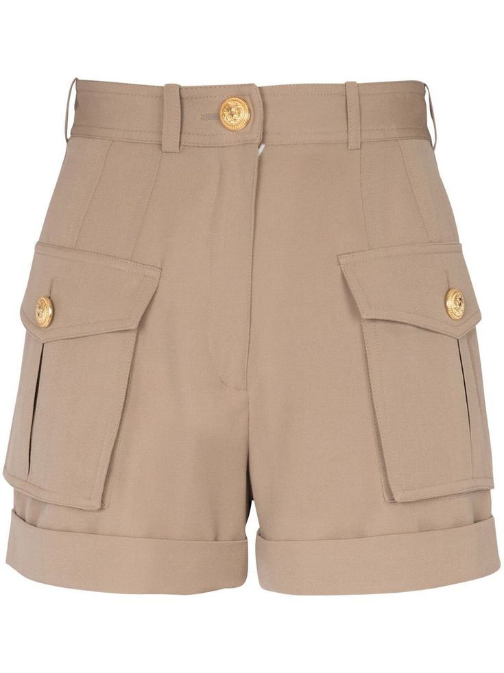 camel brown wool turn-up hem high waist belt loops embossed gold-tone buttons front button and zip fastening two side inset pockets two front flap pockets two rear welt pockets Cargo Shorts Women, Pierre Balmain, Mini Shorts, Lady Dior, Shorts With Pockets, All About Fashion, Designer Outfits Woman, High Waisted Shorts, Flap Pocket