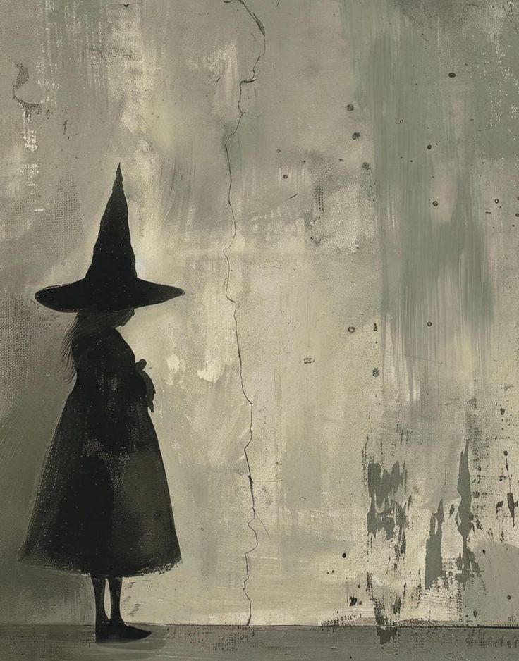 a black and white painting of a person wearing a witches hat