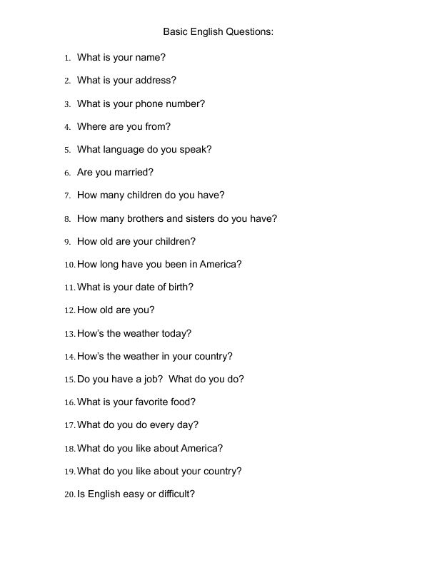 a question sheet with the words basic english questions written in black and white on it