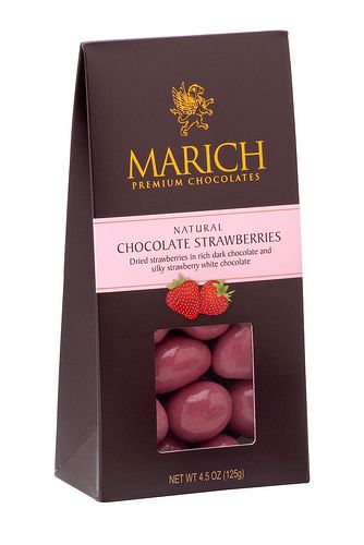 margh chocolate strawberries in a box on a white background, with the label above it