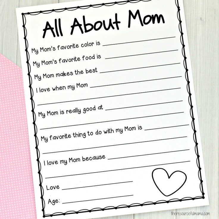 a mother's day card with the words all about mom on it and a pink envelope