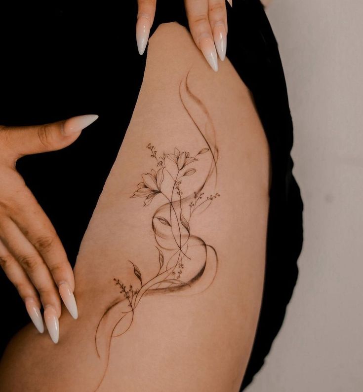 a woman's thigh with a flower tattoo on it