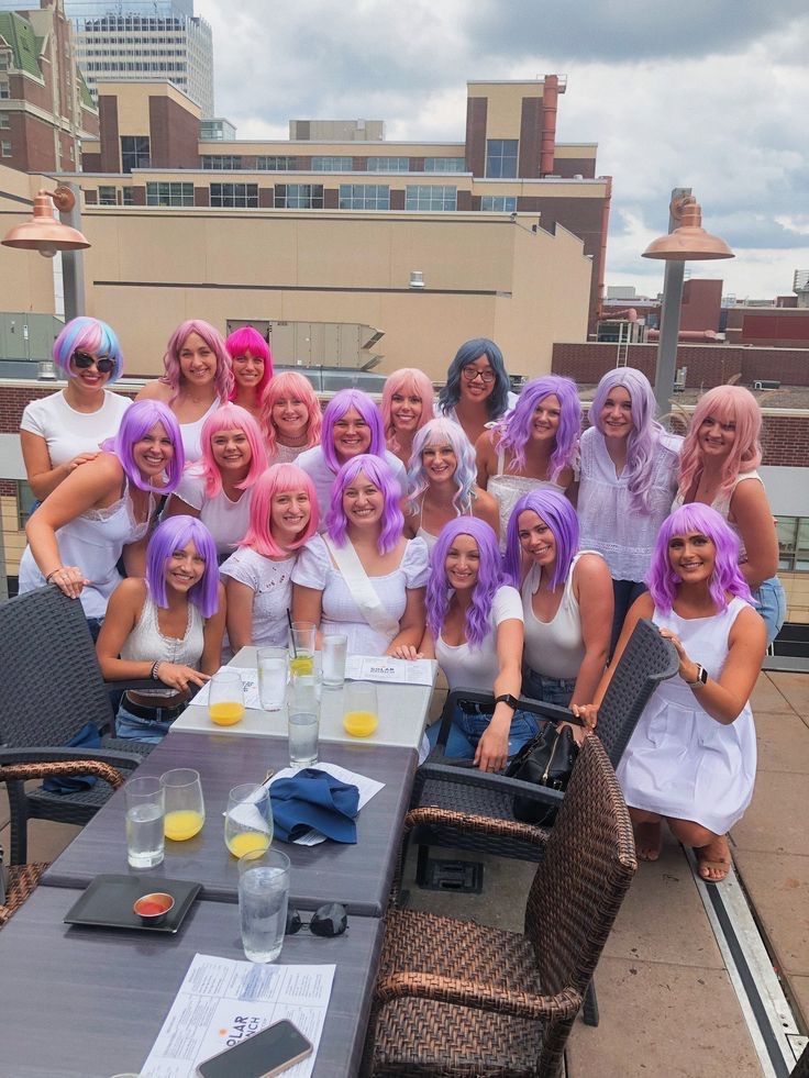 wig bachelorette birthday party girls college colorful Wig Bachelorette Party Ideas, Wig Bachelorette, School Spirit Days, Cowgirl Bachelorette Parties, Pink Bachelorette, Bff Halloween Costumes, Cowgirl Bachelorette, Disco Cowgirl, College Sorority