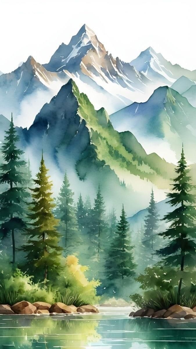 a painting of mountains, trees and water