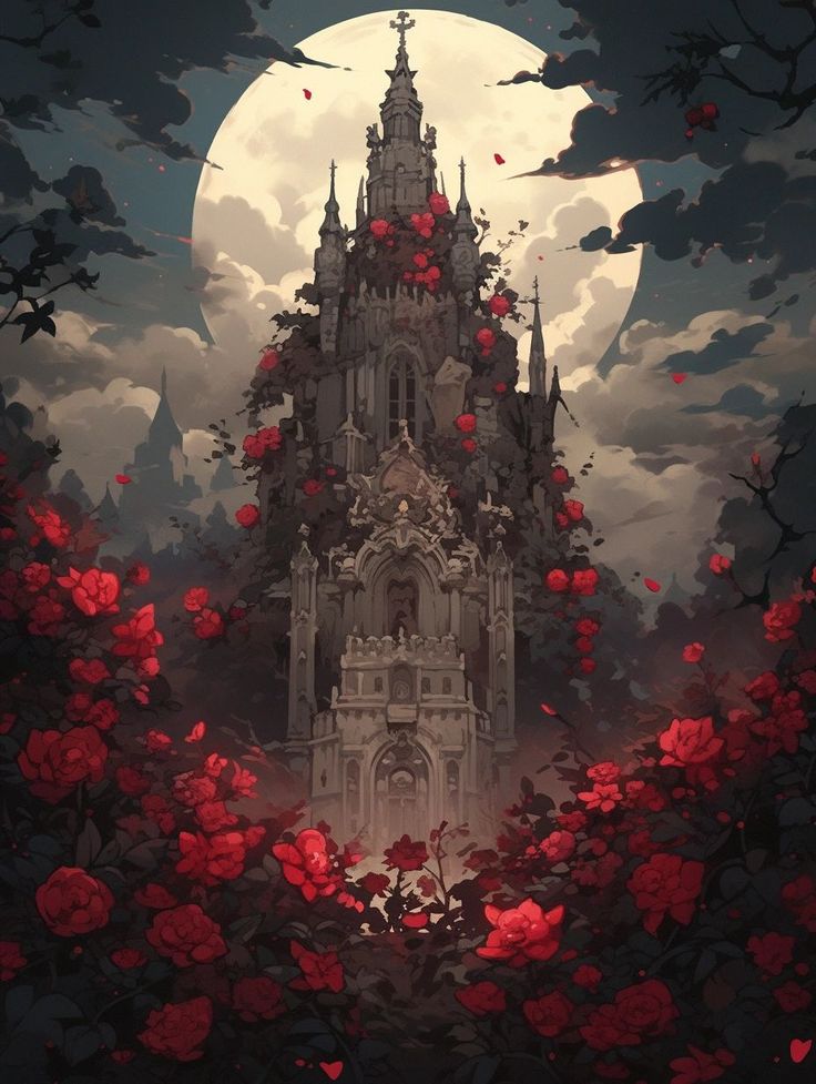 a castle surrounded by red flowers in front of a full moon