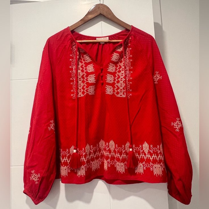 Size Medium Brand New No Tags Red Bohemian Embroidered V-neck Top, Red V-neck Blouse With Floral Embroidery, Casual Red Blouse With Floral Embroidery, Red Embroidered V-neck Blouse, Casual Red V-neck Peasant Top, Long Sleeve Embroidered Tops For Holiday, Red Tops With Floral Embroidery For Spring, Red Long Sleeve Cotton Embroidered Top, Red Folk Tops With Floral Embroidery