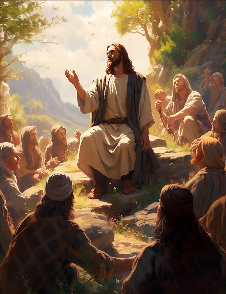 a painting of jesus sitting on the ground surrounded by people